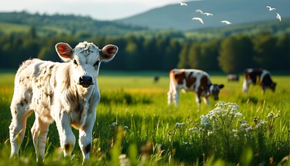 Wall Mural - Curious young cow grazing in a vibrant meadow, symbolizing the agriculture industry and milk production concepts for eye-catching designs