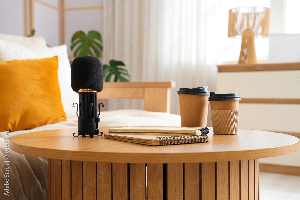Podcaster's microphone with notebooks and coffee cups on table in living room, closeup