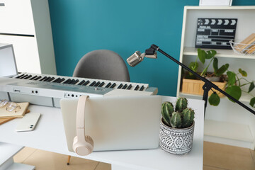 Poster - Podcaster's workplace with synthesizer in studio