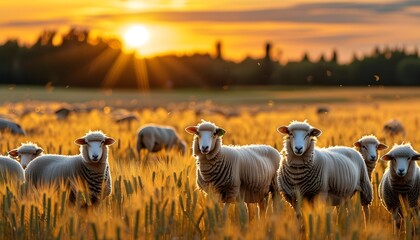 Wall Mural - Golden Wheat Fields at Sunset with Grazing Sheep: A Tribute to Agriculture and Livestock Husbandry