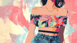 © Elnare - A fashionable woman in a floral crop top and denim jeans stands in front of a colorful abstract background.