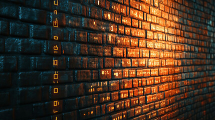 Wall Mural - A brick wall with binary code glowing in orange.