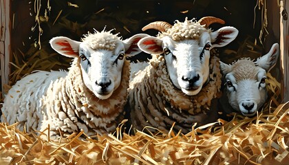 Wall Mural - Peaceful scene of sheep and lamb resting on hay in a barn, highlighting agriculture and livestock with an emphasis on milk production concepts.