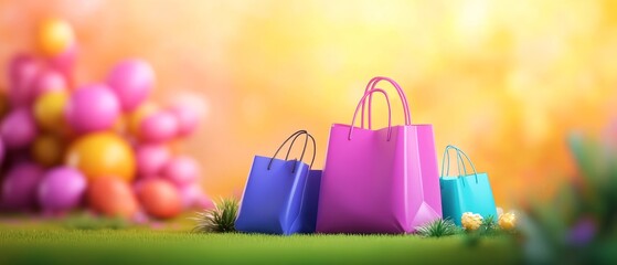 Colorful shopping bags on green grass with a blurred colorful background, signifying spring shopping and celebration.