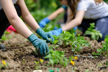 close-up of young people planting seeds in the soil