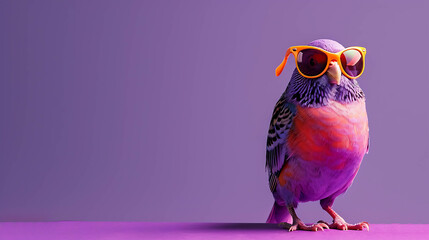 Wall Mural - A colorful bird wearing sunglasses on a purple background.