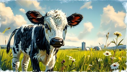 Wall Mural - Curious young cow grazing in a vibrant meadow, symbolizing the agriculture industry and milk production concepts for eye-catching designs