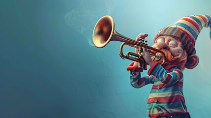 A cartoon gnome in a striped hat plays a trumpet with a whimsical expression.