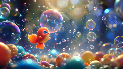 A cartoon goldfish swims happily through a field of colorful bubbles.