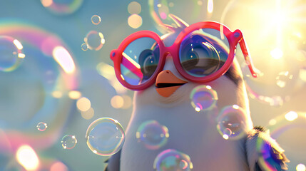 Poster - A cute penguin with pink sunglasses watches bubbles float by.