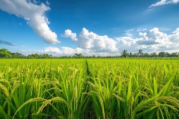 Wall Mural - The rice fields are full, waiting to be harveste under blue sky. Farm, Agriculture concept, ai