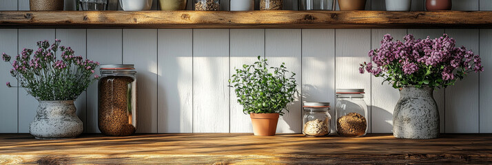 Canvas Print - A rustic kitchen shelf with various jars, flowers and a small plant.