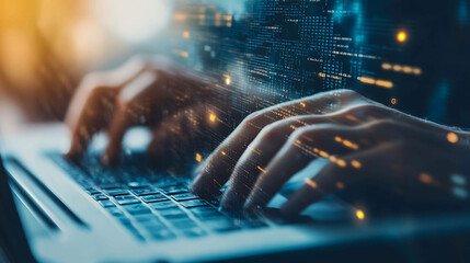 Close up of hands typing on a laptop keyboard with digital code overlay.
