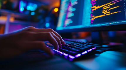 A programmer's hand typing code on a keyboard with a glowing monitor in the background.
