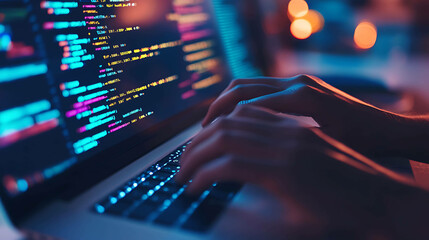 Close-up of a programmer's hands typing on a laptop keyboard, screen displaying colorful code.