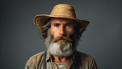 Wall Mural - Authentic portrait of a bearded farmer set against a gray backdrop, embodying the essence of agriculture and farming lifestyle for promotional design.