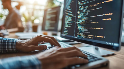 A programmer working on a computer with code displayed on the screen.