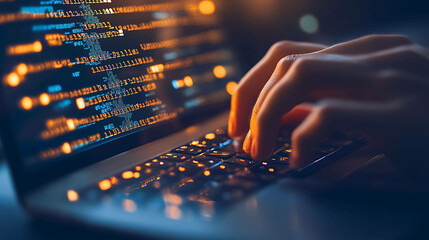 Close-up shot of hands typing on a laptop keyboard with code displayed on the screen.