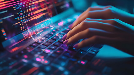 Wall Mural - Close up of hands typing on a laptop keyboard with a glowing screen displaying code.