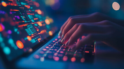 Close-up of hands typing on a laptop keyboard with a colorful code on the screen.