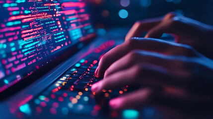 closeup of hands typing on a laptop keyboard, with colorful code visible on the screen.