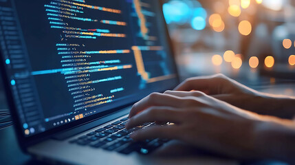Close-up of hands typing code on a laptop with glowing screen.