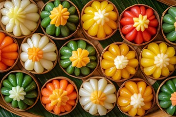 Colorful Flower Shaped Desserts in Bamboo Baskets