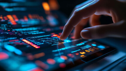 Finger scrolling through a screen of computer code.