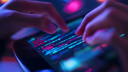 Sticker - Close-up of hands typing code on a glowing phone screen.