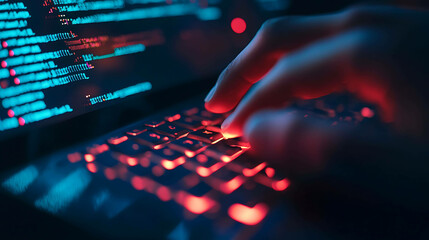 Close-up of fingers typing on a keyboard with a glowing screen in the background.