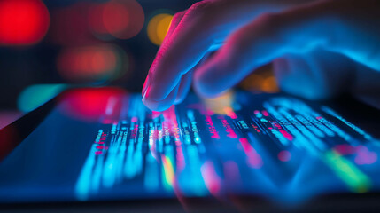 Wall Mural - Close up of a hand typing on a tablet with colorful code on the screen.