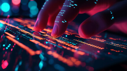 Closeup of a finger typing on a futuristic touchscreen with glowing code.