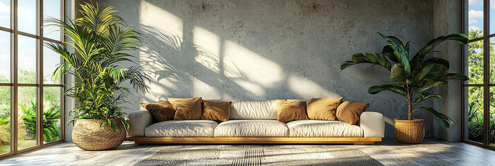 Modern living room with a white couch and large plants.