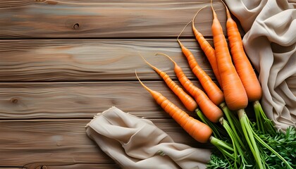 Freshly harvested carrots on rustic wooden backdrop with fabric, celebrating farm-to-table freshness and healthy eating for promotional designs