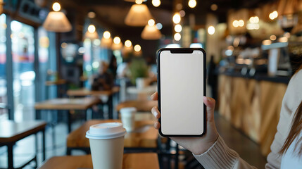 Wall Mural - A woman's hand holds a smartphone with a blank screen, showcasing a mockup for mobile app design in a cafe setting.