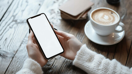 Wall Mural - Woman's hands holding a smartphone with blank screen on a wooden table with a cup of coffee.