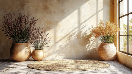 Poster - Three potted plants sit on a wooden floor with a woven rug in front of a beige wall.