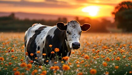 Tranquil sunset over a blooming flower field with a cow, symbolizing agriculture and milk production in a serene rural landscape