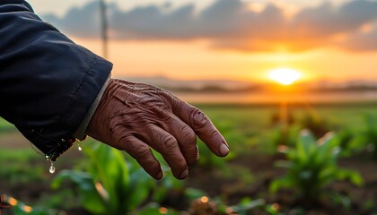 Gentle interaction between hand and horse at sunrise, embodying the essence of agriculture and animal husbandry in a farming lifestyle setting