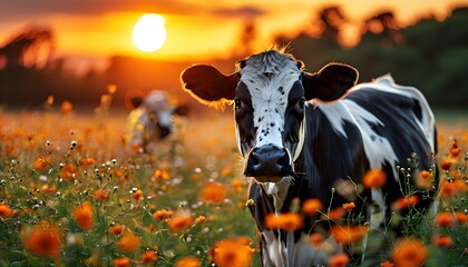 Tranquil sunset over a blooming flower field with a cow, symbolizing agriculture and milk production in a serene rural landscape