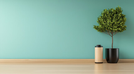 Poster - A small potted tree sits on a wooden surface in front of a light blue wall.