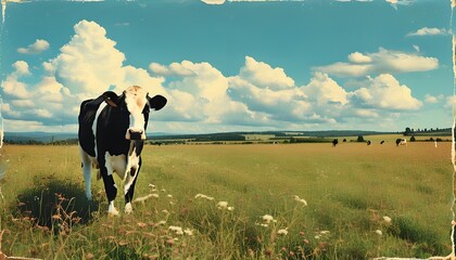 Wall Mural - Nostalgic vintage scene of a cow grazing in a field under a blue sky, celebrating agriculture and milk production in a classic 60s style