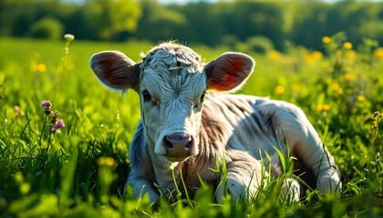 Serene calf resting on lush green grass, embodying the essence of agriculture and livestock husbandry for milk production promotion