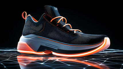 Wall Mural - A futuristic black, white, and orange sneaker with glowing orange lights.