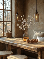 Wall Mural - Rustic farmhouse dining table with a vase of flowers and hanging lights.