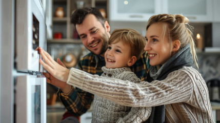 Family Embracing Energy-Efficient Cooking in Cozy Kitchen