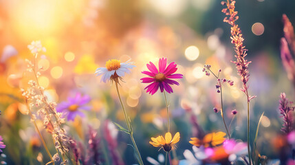 Wall Mural - Colorful Flower Meadow with Sunbeams and Bokeh Lights for Summer Banner