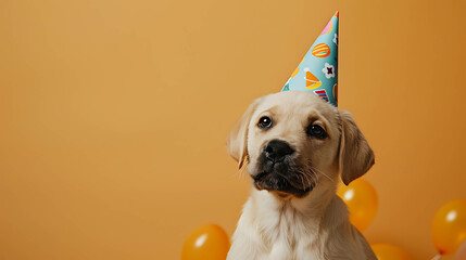 Wall Mural - Cute golden retriever puppy wearing a birthday hat with balloons in the background.