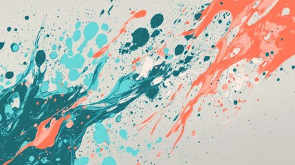 Wall Mural - Turquoise and coral splattered paint on a gray background generative ai