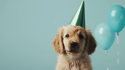 Wall Mural - A golden retriever puppy wearing a green party hat and looking at the camera with blue balloons out of focus in the background.